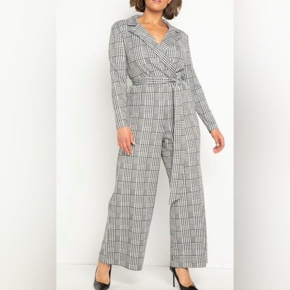 Wide Leg Plaid Jumpsuit with Lapel - Size 24 - Picture 2 of 5